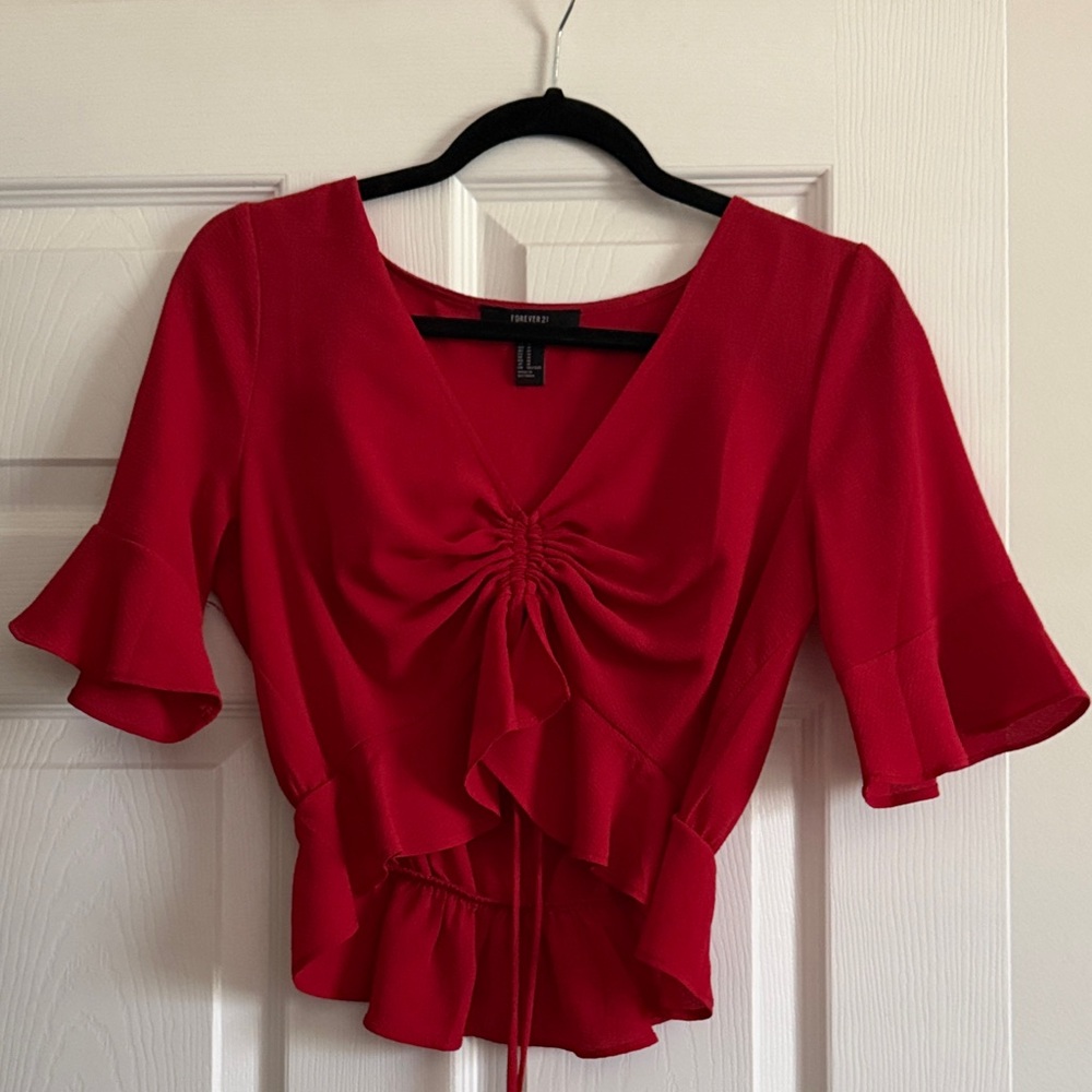 Forever 21 Red Ruffle Tie-Front Crop Blouse